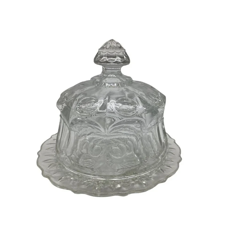 Mosser Clear Pressed Glass Round European Style Covered Butter Dish